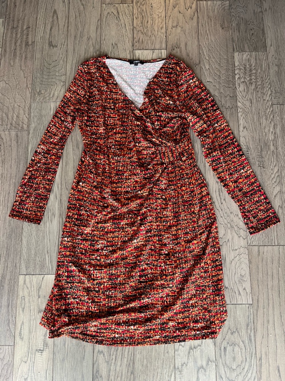 Elementz Red Multi-Colour Long Sleeve Wrap-Style Dress Size Large